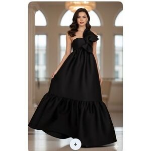 Petal and Pup Bettina Black One Shoulder Bow Maxi Dress Ruffle Hem Formal Size S